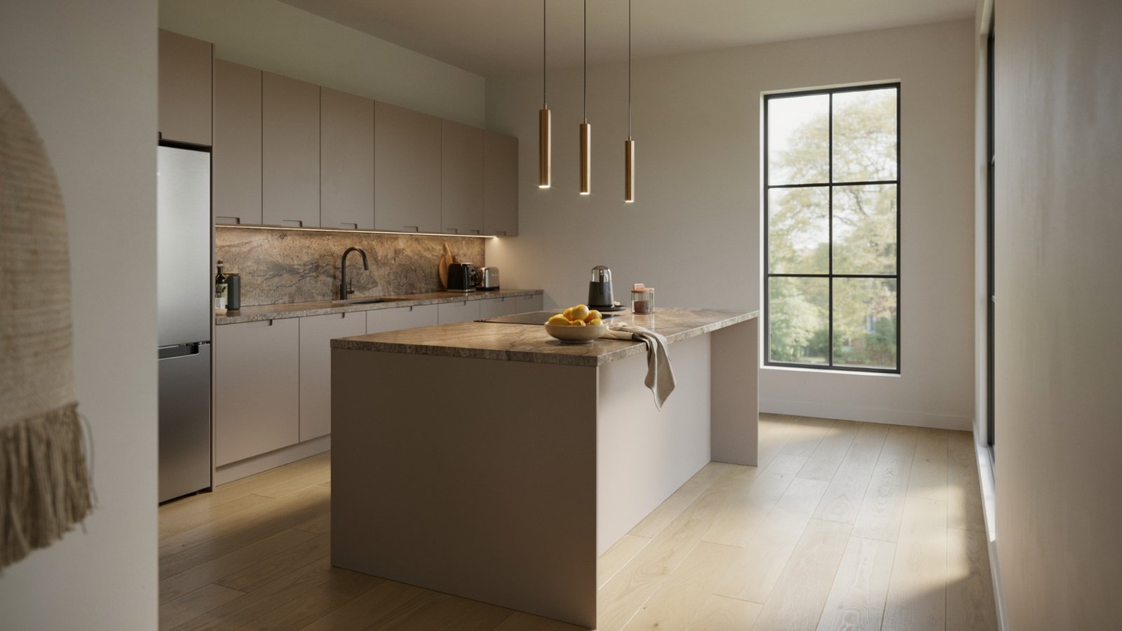 Greige wall color paired with brown granite countertops in a modern kitchen.