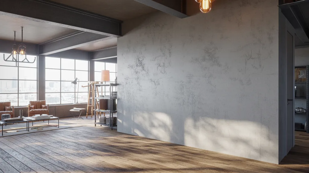 Concrete-effect wall in a modern industrial loft interior.