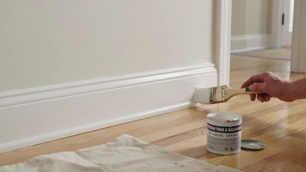 Baseboards painted with angled brush using thin smooth strokes creating even coat without visible brush marks indoors.