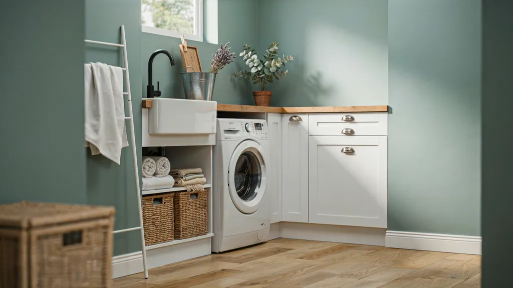 Farmhouse laundry room featuring Jasper sage green paint