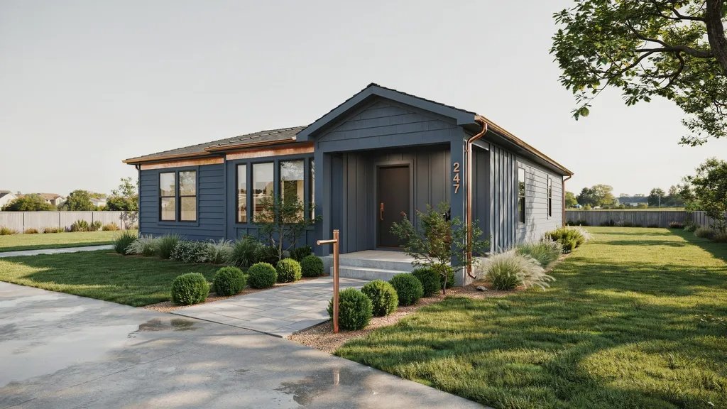 Charcoal blue mobile home with copper accents creating a distinctive high-end exterior style.