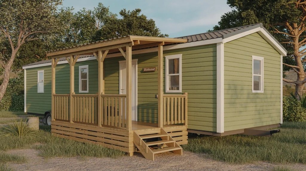 Olive green mobile home with wood accents blending naturally into a rural landscape.