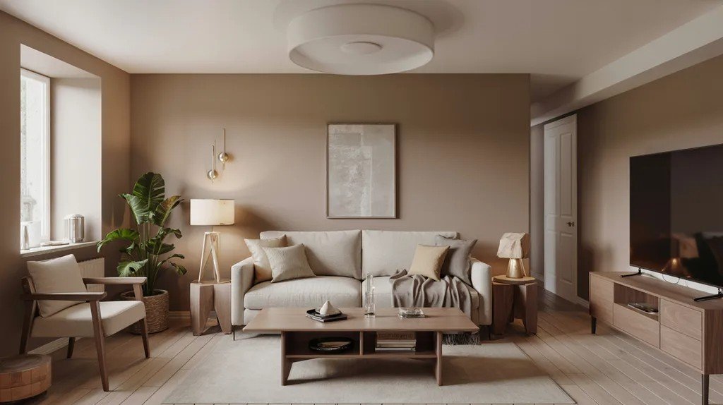 Greige basement offering a balanced warm neutral look.