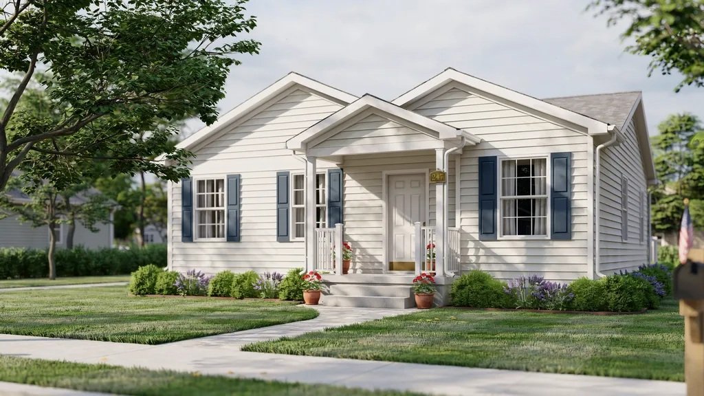 Warm white mobile home with navy blue shutters creating a classic and elegant exterior look.