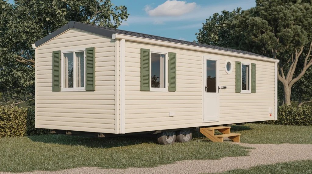 Cream white mobile home with olive shutters creating a classic and timeless exterior look.