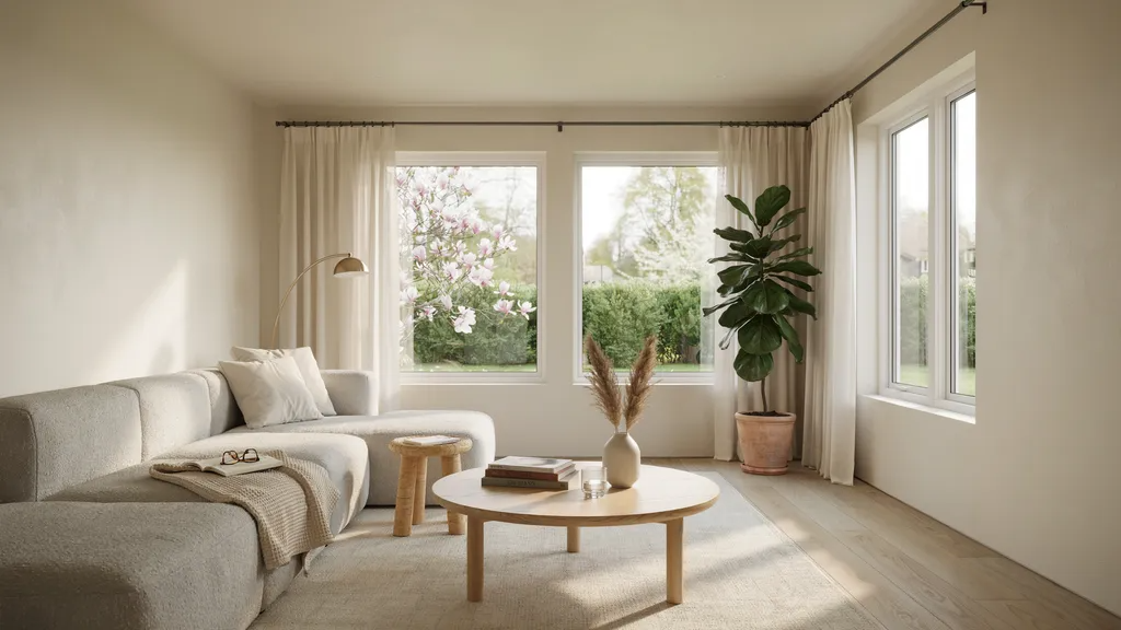 Relaxing sunroom with creamy off-white walls and natural wood accents.