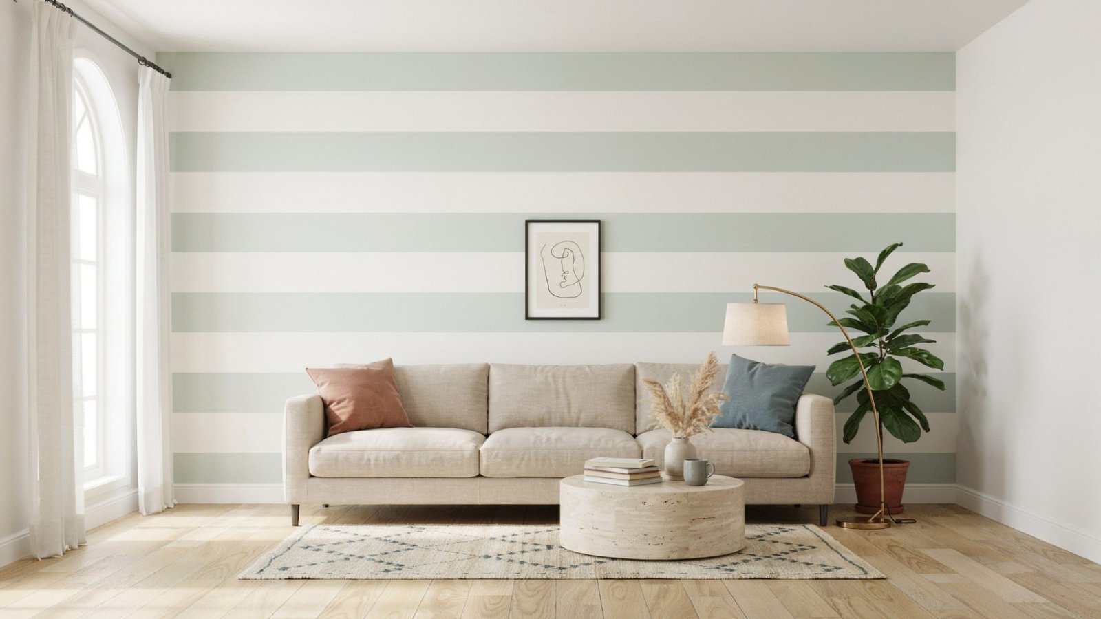 Classic horizontal striped wall painted with clean lines, creating a timeless and elegant interior look.