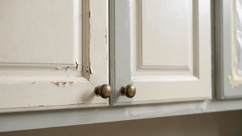 Kitchen cabinets showing different surface conditions including worn paint smooth finish and primed areas affecting overall painting cost and preparation requirements.