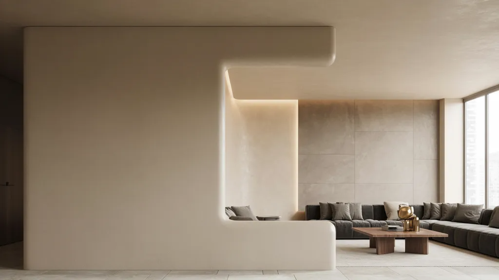 Modern living room showing different smooth wall texture finishes under natural light in a high-end interior design setting.