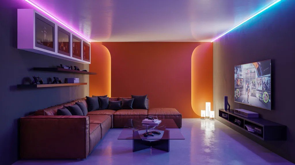 Burnt orange basement creating energetic entertainment space.