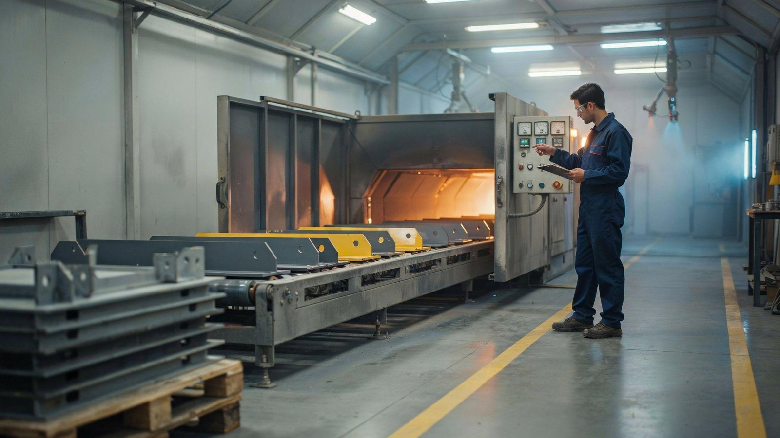 Industrial powder coating curing process with controlled temperatures and coated metal components