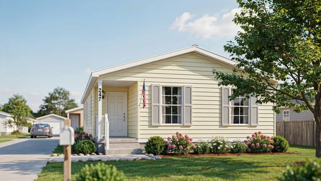 Pale yellow mobile home with soft grey shutters creating a friendly and welcoming exterior.