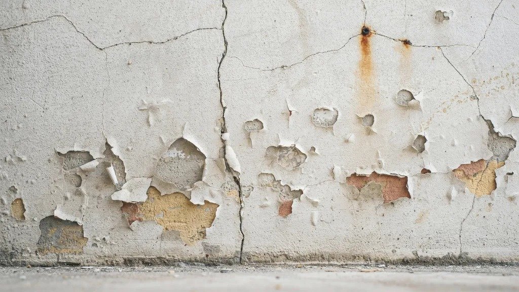 Exterior painted surface showing cracks peeling and blistering caused by weather exposure moisture and sunlight damage over time outdoors.