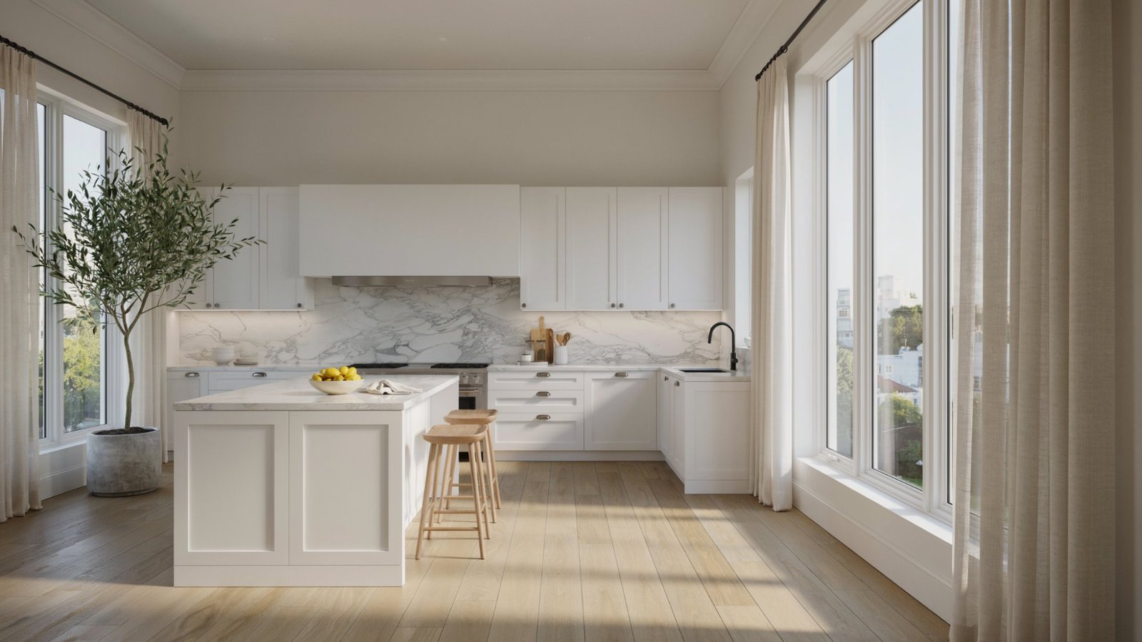 White kitchen walls paired with light wood floors and cabinetry.