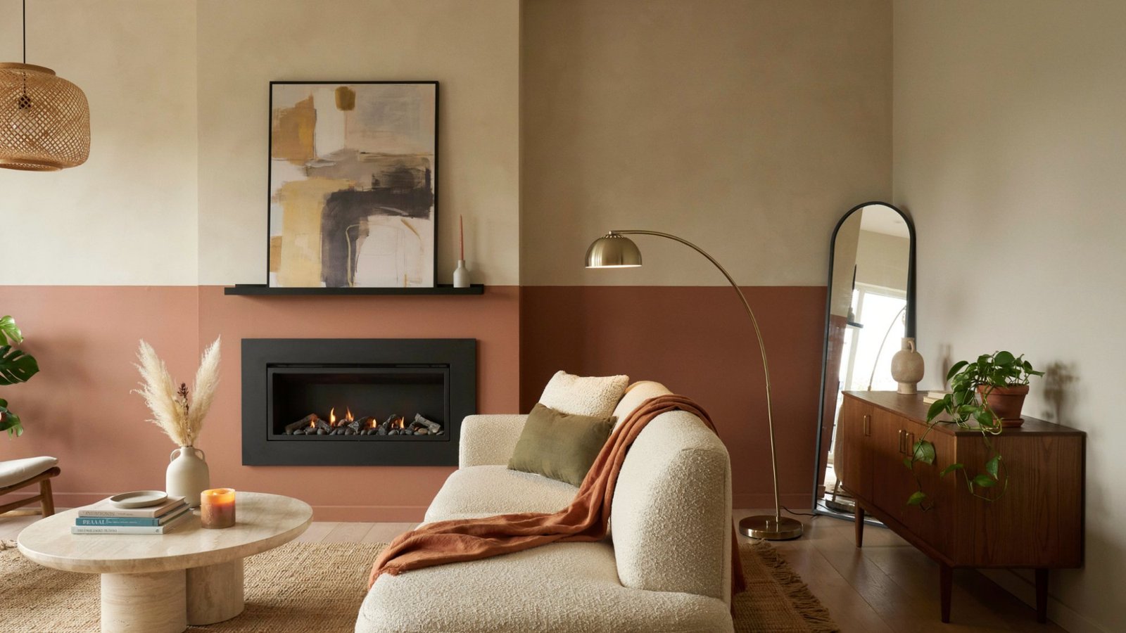 Two-tone fireplace accent wall combining complementary colors for added depth and style.