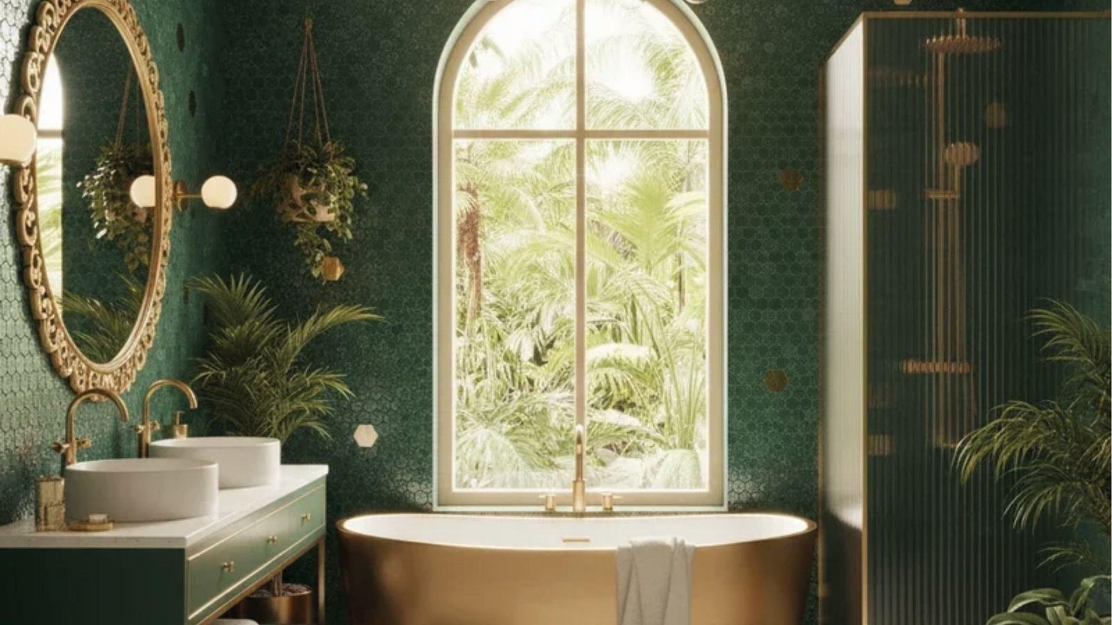 Jewel-toned bathroom with arched window, gold freestanding tub, hex tile, and hanging greenery.