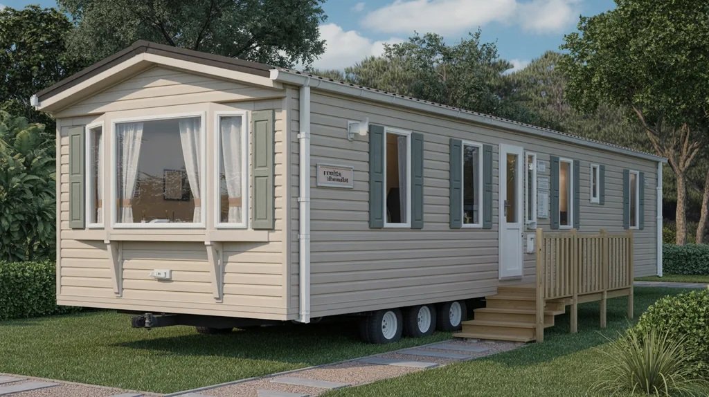 Sandy taupe mobile home with cream trim showing a warm neutral exterior style.