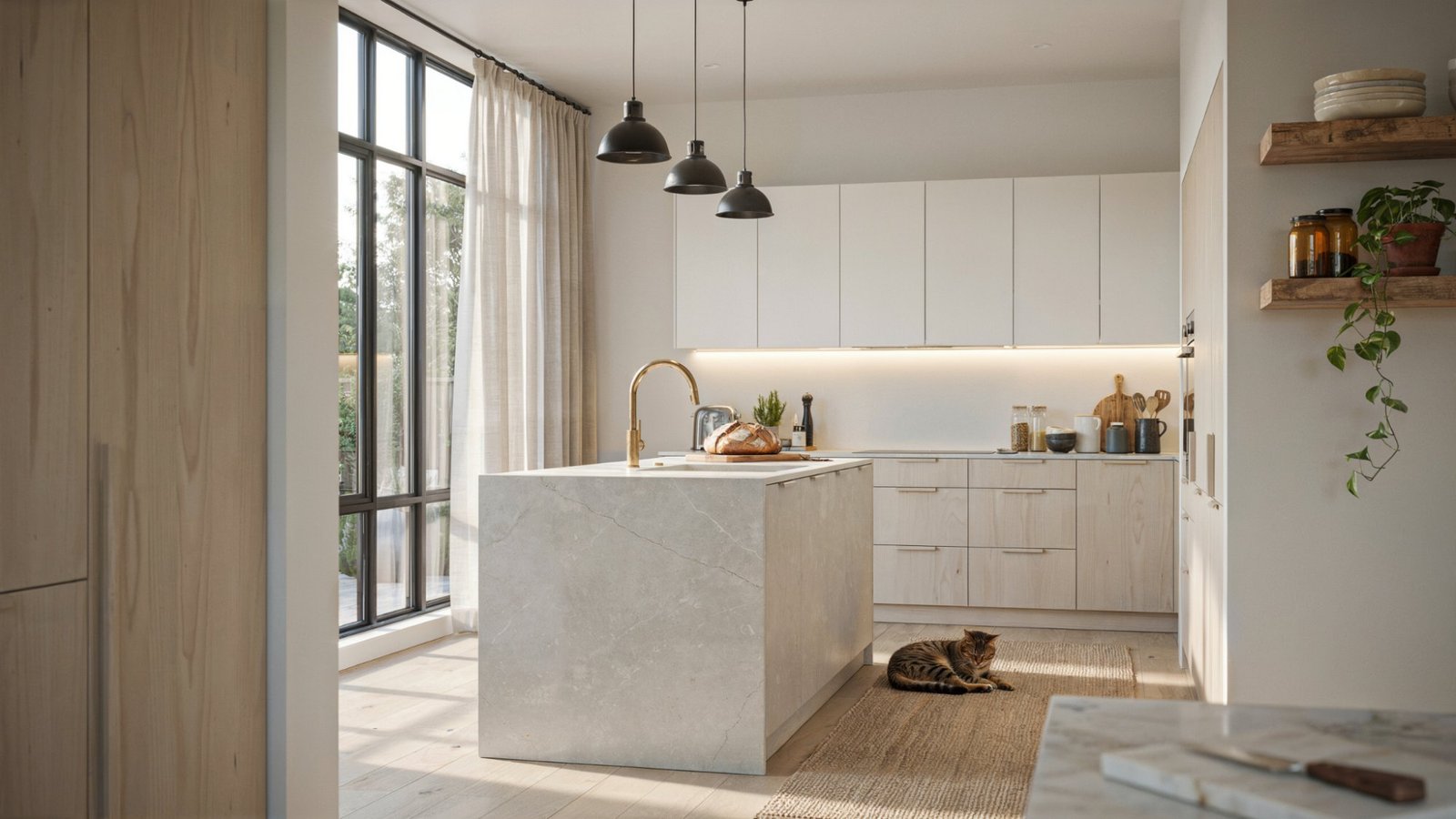 Modern lighting updates in a kitchen with oak cabinets.