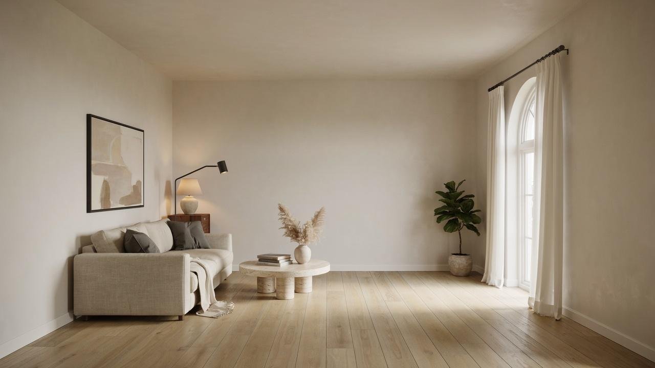 Interior demonstrating the effect of matching ceiling and wall colors.