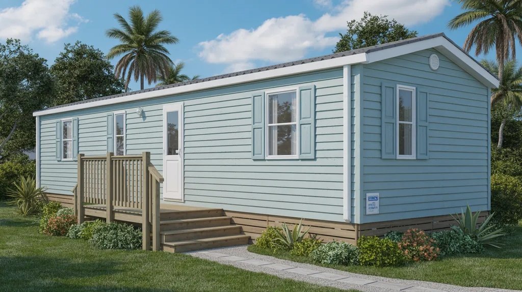 Sky blue mobile home with white trim creating a fresh and airy exterior look.