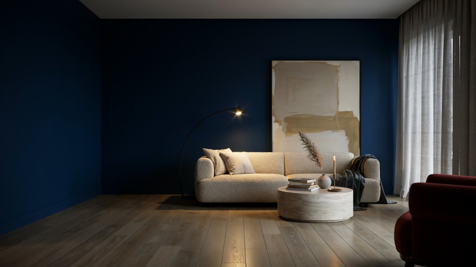 Navy blue walls creating depth and dimension in a modern interior.