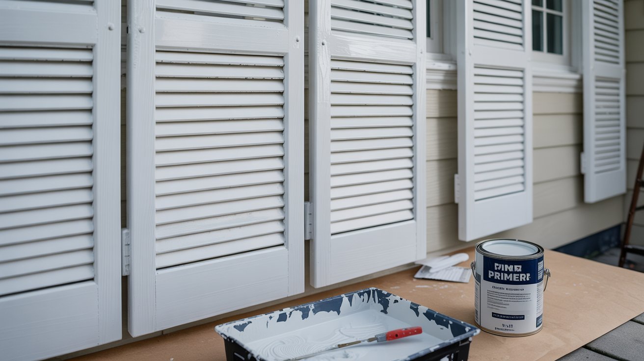 House shutters covered with primer to improve paint adhesion and durability before painting.