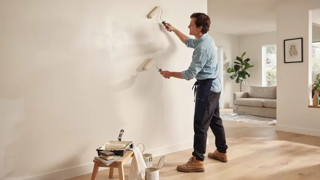 Homeowner applying water-based paint over a properly prepared oil-based primer on an interior wall.