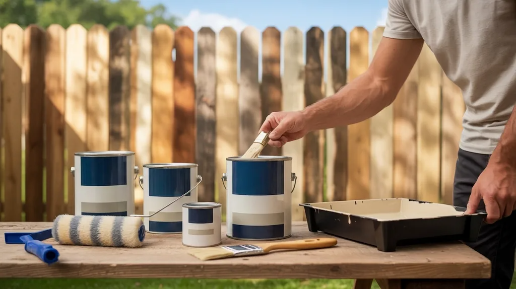 Homeowner choosing exterior paint for treated wood with paint supplies and unfinished wood surface in a bright outdoor setting.