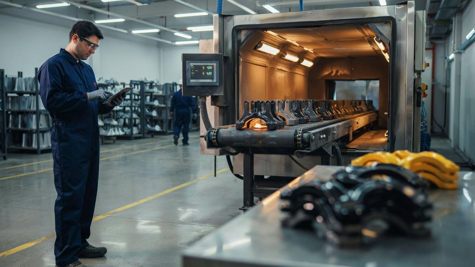 Powder coating cure times monitored in industrial oven with temperature controlled finishing