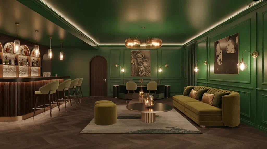 Emerald green basement with luxurious lounge feel.