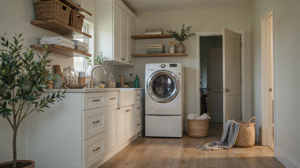 Farmhouse laundry room painted in Concord Ivory