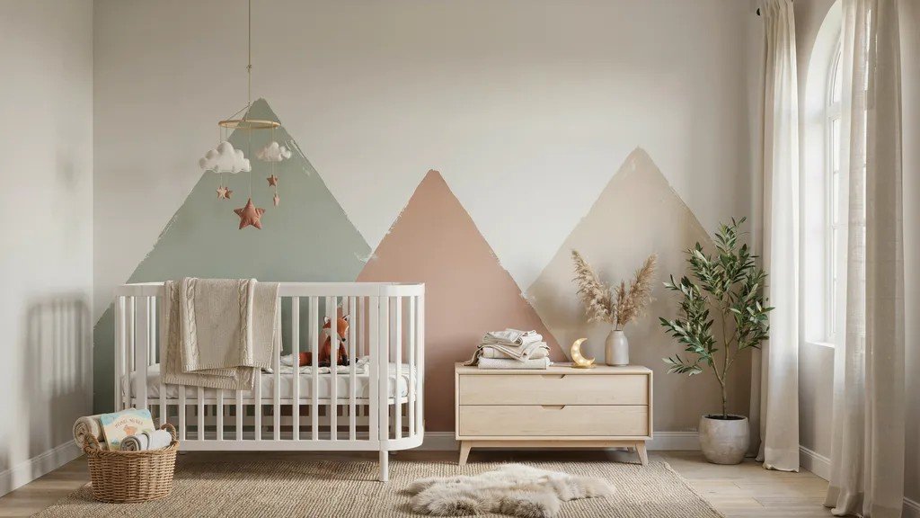 Mountain-inspired painted wall with simple peaks in earthy tones, perfect for a cozy bedroom or nursery.