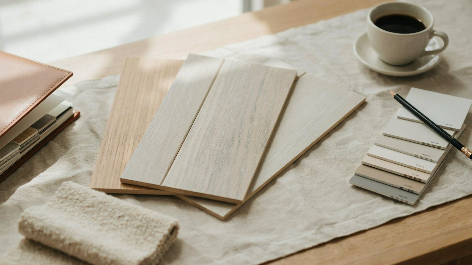 Paint swatches and light wood flooring samples showing different undertones.