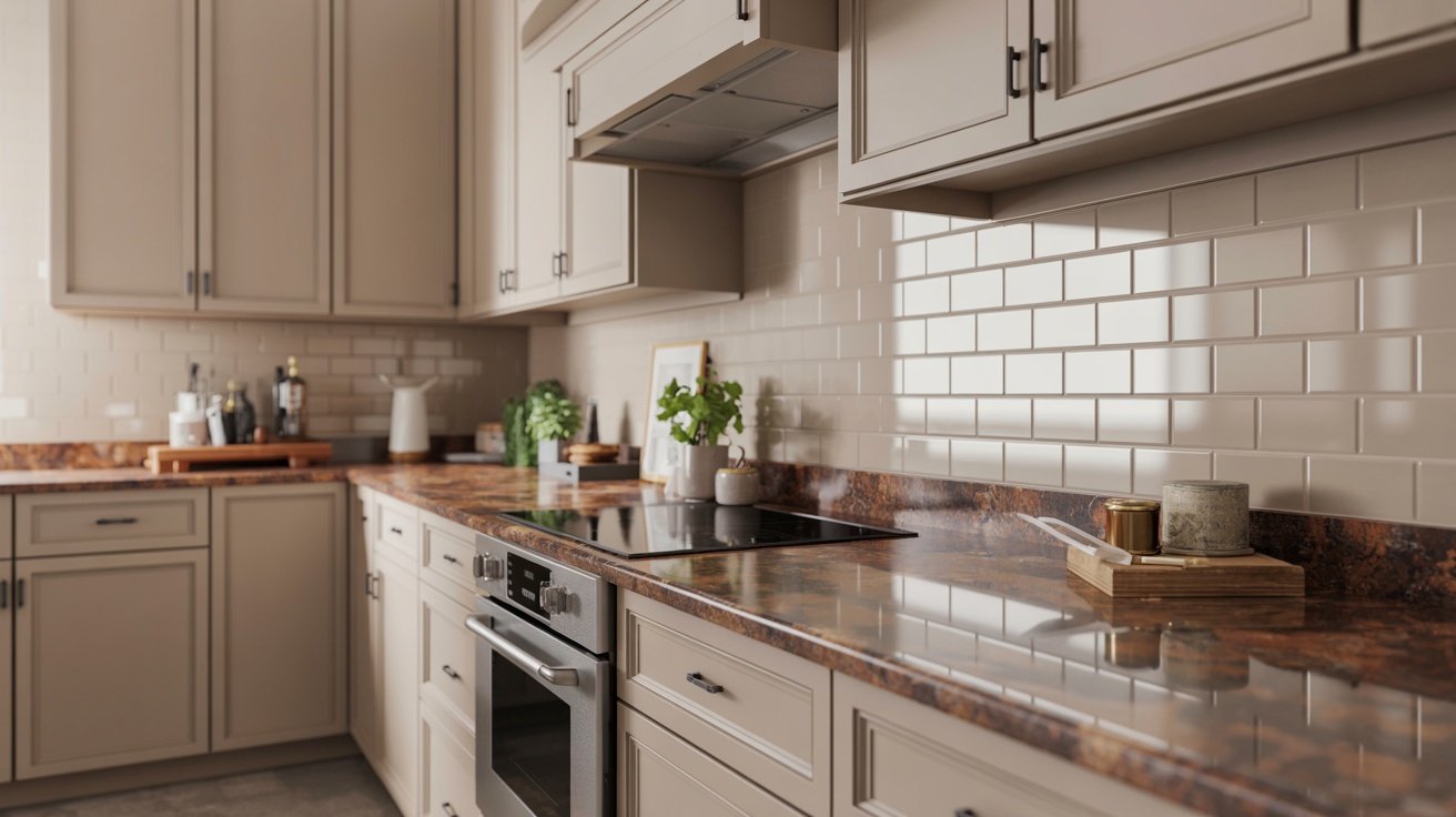 Agreeable Gray kitchen cabinets paired with brown granite countertops.