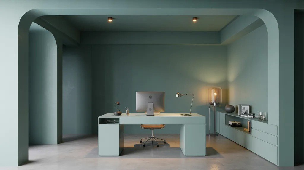 Muted teal basement ideal for creative workspace.