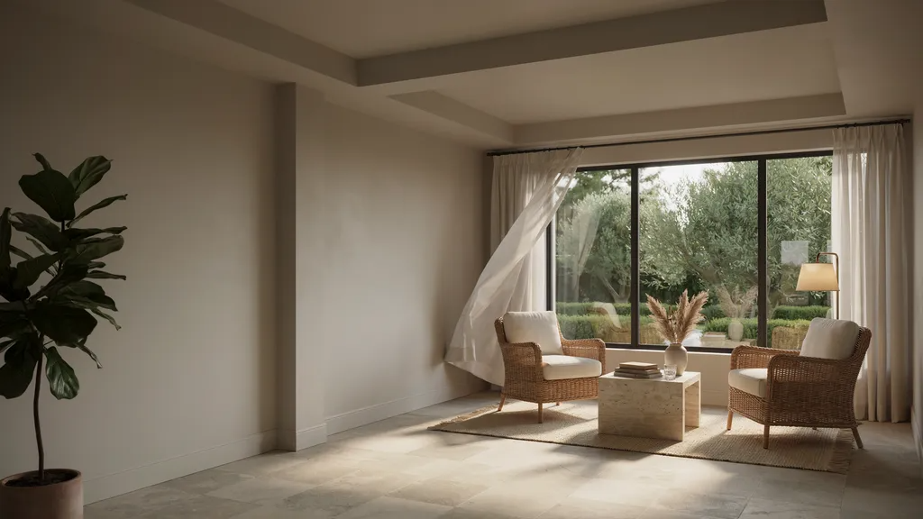 sunroom with soft taupe walls and natural textures.