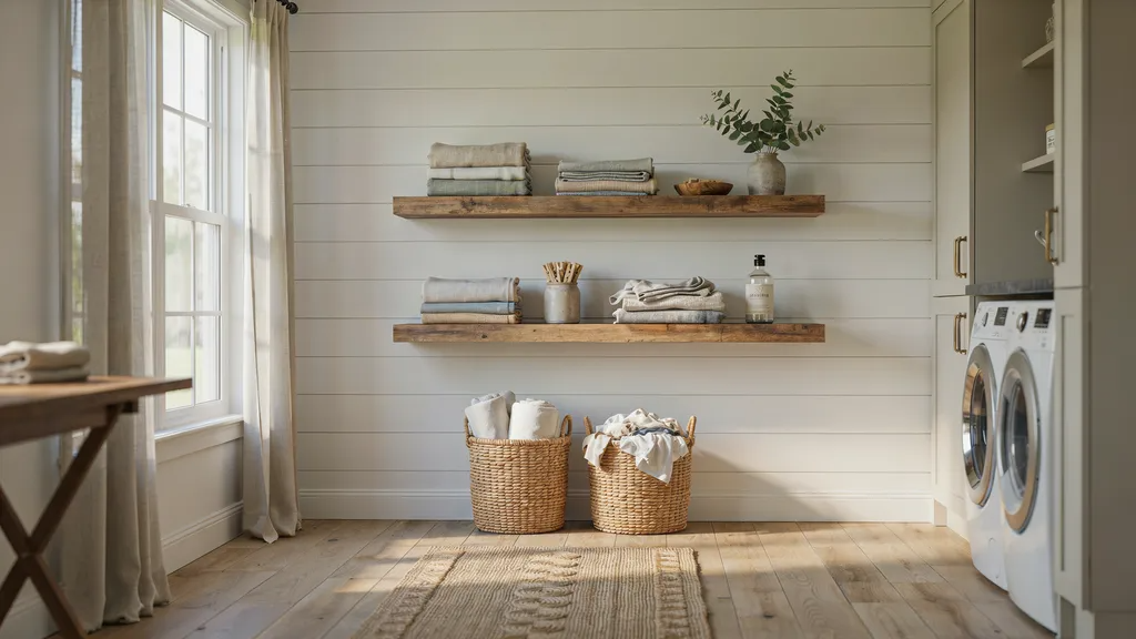 Farmhouse laundry room painted in warm Dover White with wood shelving