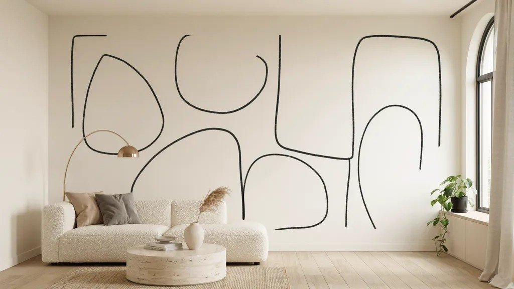 Minimalist abstract line art wall featuring clean painted lines that create a modern artistic statement.
