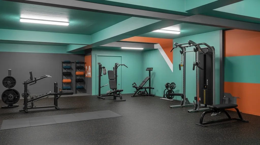 Basement gym with energetic colors supporting focus and motivation.