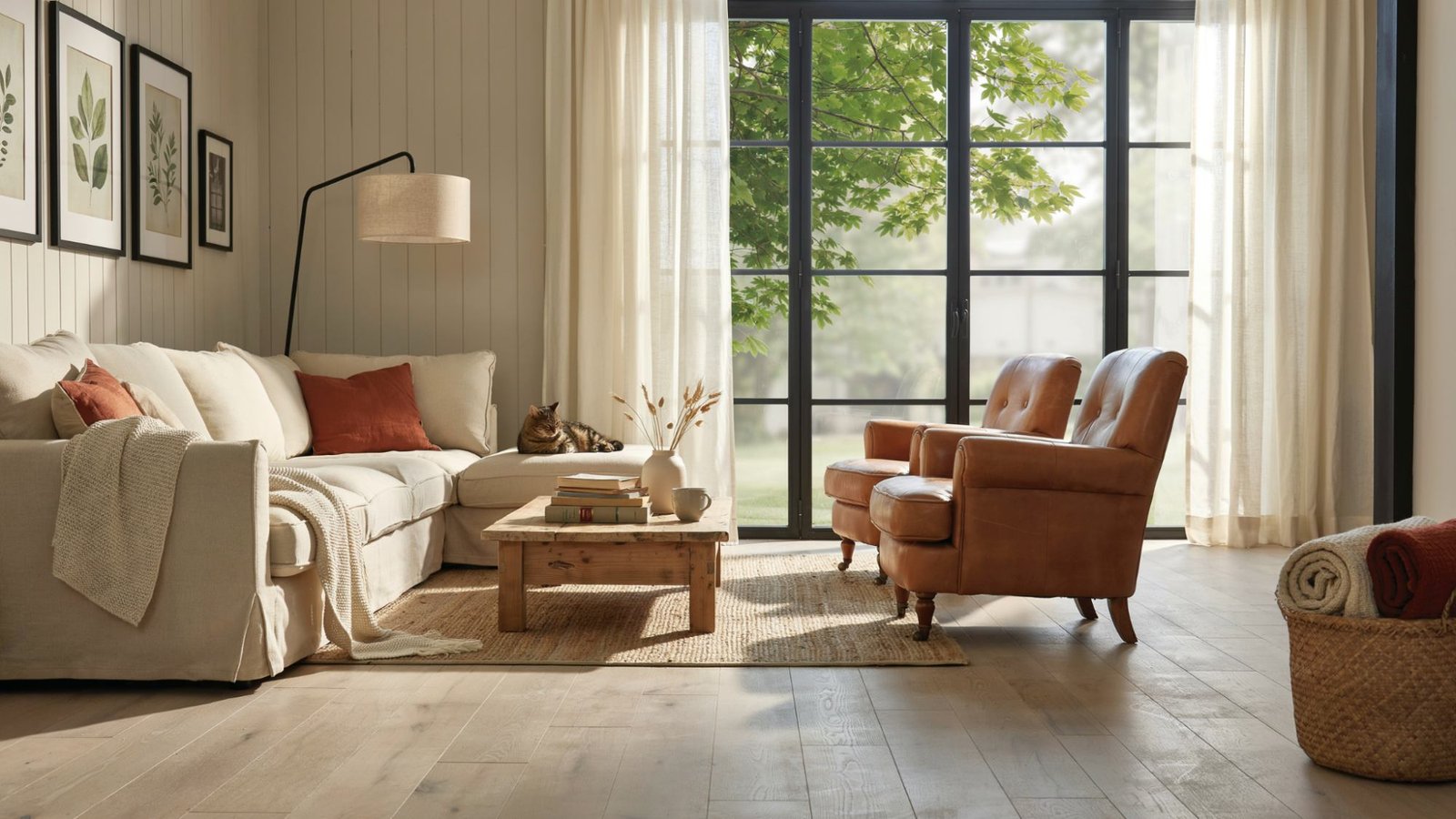 Living room featuring warm neutral walls and light wood flooring.