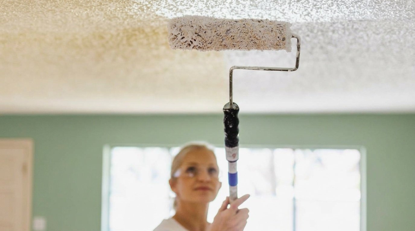 a woman doing textured paint on the ceiling.