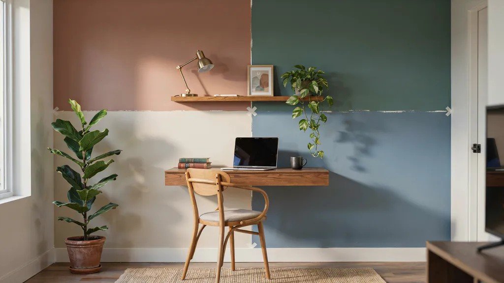 Color block wall featuring large painted sections in complementary shades for a modern decorative effect.