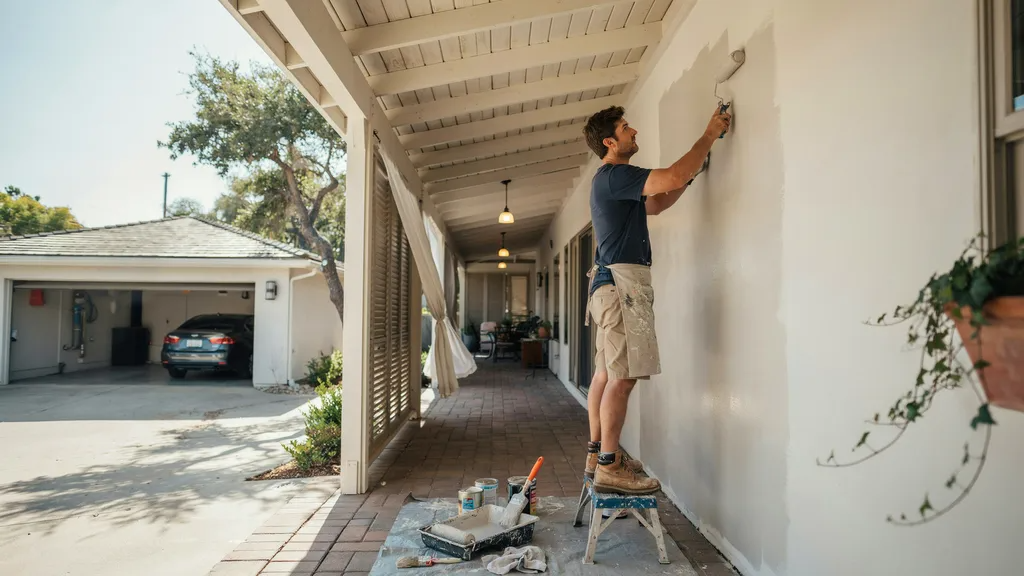 Homeowner painting a wall in a well-ventilated open garage or covered patio area where exterior paint may be suitable.
