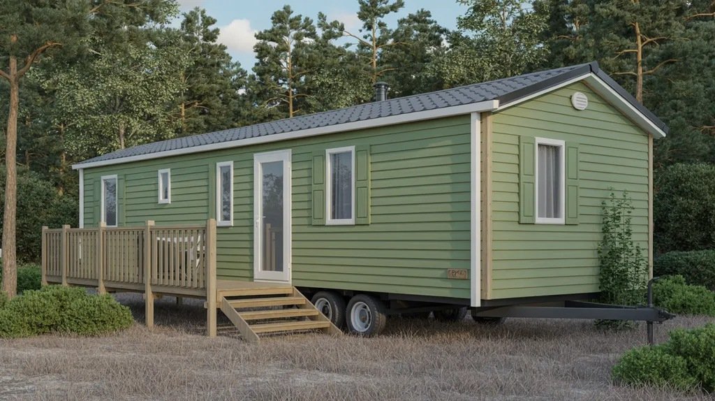Forest green mobile home with beige trim blending into a wooded natural environment.