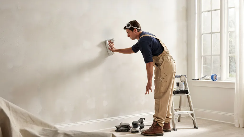 Cleaning sanding dust from a primed wall before painting.