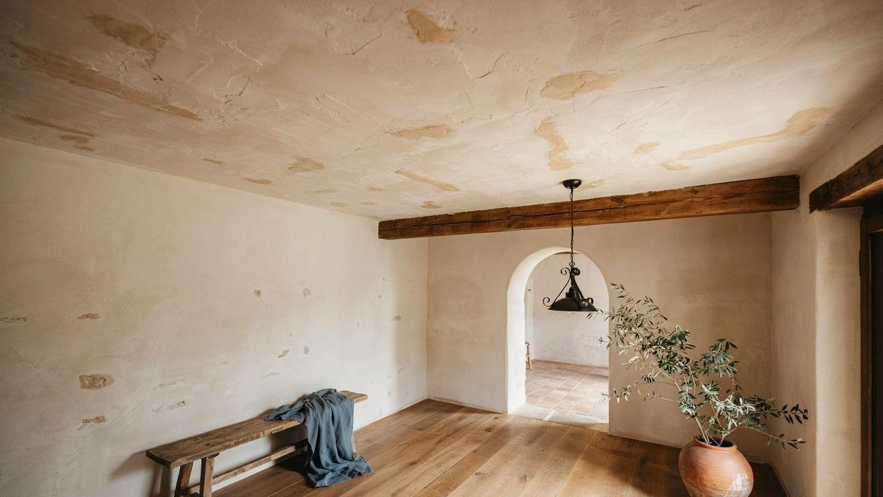 Skip trowel ceiling texture in a Mediterranean home.