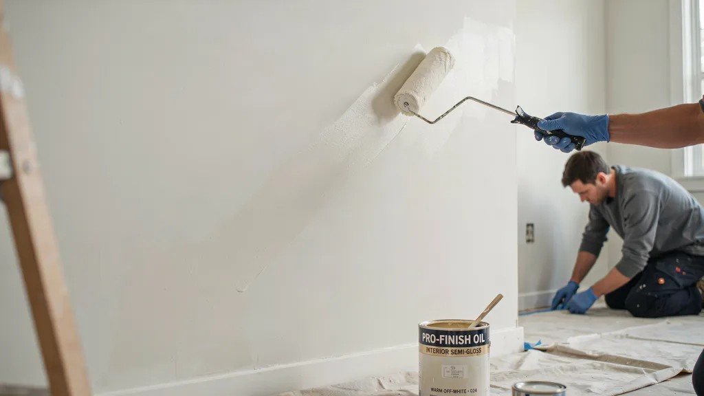 Wall being painted with oil based paint in thin even coats creating smooth durable finish on properly prepared surface.