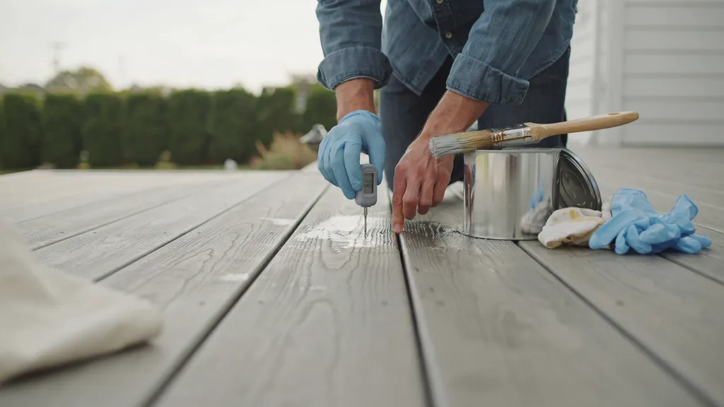 Homeowner inspecting and preparing pressure-treated wood outdoors before painting, with paint tools and natural light highlighting wood texture.