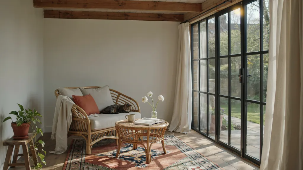Warm white sunroom with wood beams, wicker furniture, and soft natural light.