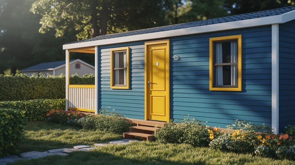 Navy blue mobile home with a bright yellow door creating a bold and welcoming entrance.